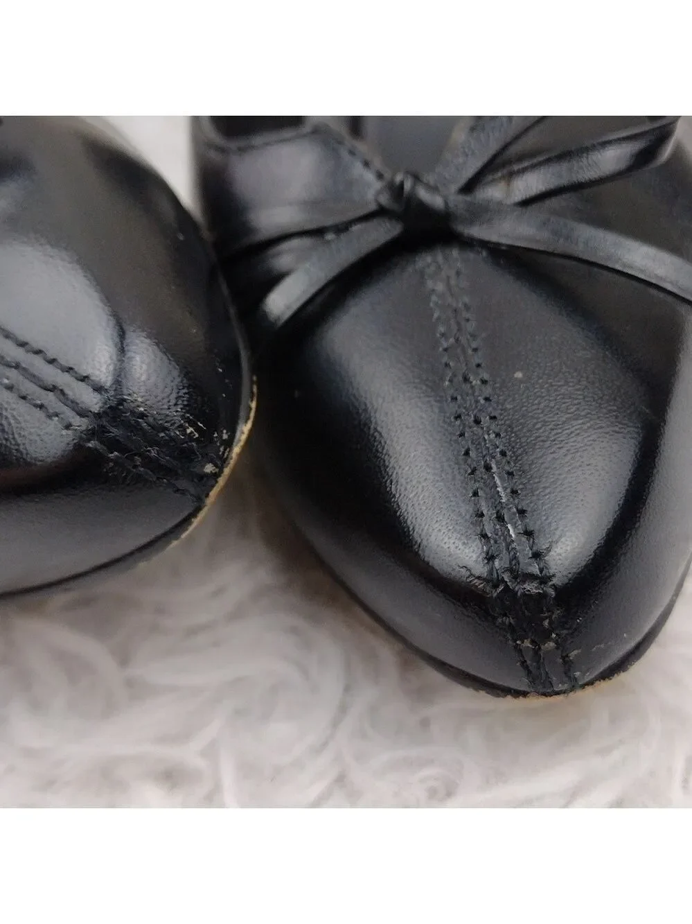 Connie Celia Black Leather Faux Bow Upper Pointed-Toe Kitten Heel Slip On Shoe
